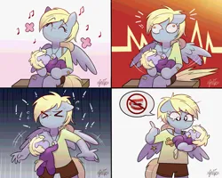 Size: 2671x2133 | Tagged: safe, artist:xconito, derpibooru import, derpy hooves, dinky hooves, anthro, pegasus, unicorn, g4, baby, bandaid, biting, breastfeeding, clothes, comic, crying, duo, duo female, equestria's best mother, female, horn, image, jewelry, mother and child, mother and daughter, music notes, necklace, nonsexual nursing, nursing, ouch, pain, png, shorts, suckling, tears of pain