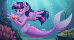 Size: 1408x768 | Tagged: safe, ai content, artist:vinnytovar2005, derpibooru import, twilight sparkle, twilight sparkle (alicorn), alicorn, mermaid, g4, bare midriff, bare shoulders, belly, belly button, bra, clothes, cutie mark, dorsal fin, female, fins, fish tail, holding, image, mermaid tail, mermaidized, ocean, png, scales, seashell, seashell bra, shell, solo, species swap, swimming, tail, underwater, underwear, water