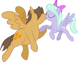 Size: 6000x4765 | Tagged: safe, artist:groxy-cyber-soul, derpibooru import, edit, flitter, hoops, pegasus, pony, g4, absurd resolution, bow, duo, duo male and female, eyes closed, fat, female, flitterhoops, flying, hair over eyes, holding hooves, image, kiss on the lips, kissing, larger male, male, mare, physique difference, png, shipping, simple background, skinny, smaller female, stallion, straight, thin, transparent background