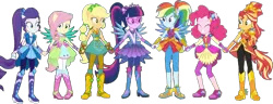 Size: 2020x775 | Tagged: safe, derpibooru import, editor:pascalmulokozi2, applejack, fluttershy, pinkie pie, rainbow dash, rarity, sci-twi, sunset shimmer, twilight sparkle, human, equestria girls, g4, boots, clothes, cowboy boots, crystal guardian, high heel boots, humane five, humane seven, humane six, image, png, shoes, simple background, transparent background, white background