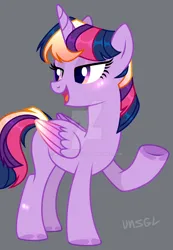 Size: 1280x1855 | Tagged: safe, artist:kurobasa99, derpibooru import, twilight sparkle, twilight sparkle (alicorn), alicorn, g4, 2019, alternate universe, deviantart watermark, gray background, image, jpeg, lidded eyes, looking offscreen, obtrusive watermark, raised hoof, signature, simple background, smiling, solo, watermark