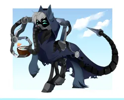 Size: 3719x3000 | Tagged: safe, artist:irusumau, derpibooru import, oc, oc:gear works, unofficial characters only, cyborg, cyborg pony, earth pony, pony, amputee, augmentation, augmented, augmented tail, clothes, coconut, coconut cup, commissioner:sfaccountant, crossover, earth pony oc, food, hood, hose, image, male, mask, png, prosthetic eye, prosthetic leg, prosthetic limb, prosthetic tail, prosthetics, respirator, robe, robotic arm, servo arm, solo, solo male, tail, techpriest, warhammer (game), warhammer 40k
