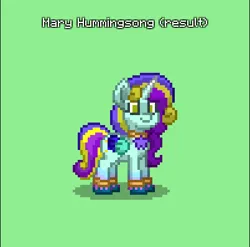 Size: 402x397 | Tagged: safe, derpibooru import, royal ribbon, oc, oc:mary hummingsong, unofficial characters only, alicorn, pony, pony town, g4, alicorn oc, au:wild your heart, born alicorn, bracelet, curly mane, female, golden, green background, horn, image, indigo, indigo wings, jewelry, light blue skin, lime eyes, long horn, mare, mother, name, necklace, not a princess, png, simple background, singing, step mother, wings