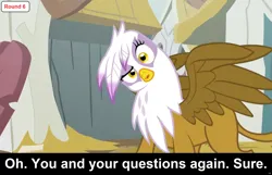 Size: 1920x1235 | Tagged: safe, derpibooru import, edit, edited screencap, screencap, gilda, gryphon, comic:celestia's servant interview, g4, season 5, the lost treasure of griffonstone, caption, cs captions, female, griffonstone, head tilt, image, image macro, interview, looking at you, my little pony, outdoors, png, solo, text