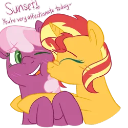Size: 1920x1920 | Tagged: safe, artist:_butterscotch, derpibooru import, cheerilee, sunset shimmer, earth pony, pony, unicorn, g4, blushing, cheerishimmer, cheerisunset, cute, dialogue, doodle, duo, duo female, eye clipping through hair, eyes closed, female, horn, image, kiss on the cheek, kissing, lesbian, one eye closed, open mouth, png, shipping, simple background, text, transparent background