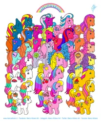 Size: 976x1181 | Tagged: safe, artist:marco albiero, derpibooru import, aura (character), baby berrytown, baby meadowsweet, baby sunbright, bon bon (g1), bright eyes, brightglow, clover (g1), daddy meadowsweet, dazzleglow, melody, patch (g1), starglow, starlight (g1), sweet notes, sweetheart, tuneful, earth pony, pegasus, unicorn, g1, my little pony tales, 7 pony friends, buy our toys, daddy berrytown, g1 logo, glow 'n show ponies, happyglow, horn, image, jpeg, mami sunbright, mummy berrytown, mummy meadowsweet, my little pony logo, papi sunbright, pretty beat, rockin' beat ponies, rockin' beats, signature