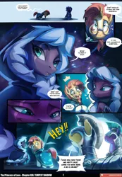 Size: 3541x5121 | Tagged: safe, artist:feelinnglad, artist:lummh, derpibooru import, sunburst, tempest shadow, crystal pony, earth pony, pony, unicorn, comic:the princess of love, g4, absurd resolution, armor, cloak, clothes, comic, crystal guard, crystal guard armor, dialogue, female, horn, image, implied sunset shimmer, male, mare, png, royal guard, speech bubble, stallion