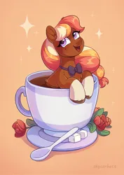 Size: 1453x2048 | Tagged: safe, artist:skysorbett, derpibooru import, oc, oc:hazel blossom, unofficial characters only, earth pony, pony, bowtie, cup, cup of pony, female, flower, image, jpeg, mare, micro, mole, solo, spoon, sugarcube, teacup