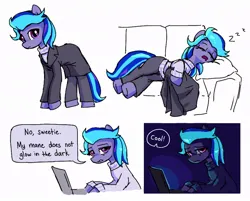 Size: 914x736 | Tagged: safe, artist:plunger, derpibooru import, oc, unofficial characters only, earth pony, pony, clothes, coat, comic, computer, couch, dialogue, female, frown, glow-in-the-dark, image, jpeg, laptop computer, lidded eyes, mare, offscreen character, onomatopoeia, simple background, sleeping, solo, sound effects, speech bubble, white background, zzz