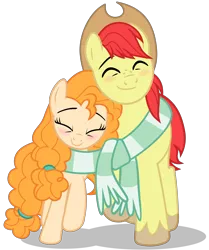 Size: 5958x7128 | Tagged: safe, derpibooru import, official, bright mac, pear butter, earth pony, pony, g4, .svg available, blushing, brightbutter, clothes, cowboy hat, cuddling, cute, duo, duo male and female, eyes closed, female, happy, hat, image, love, male, mare, my little pony, png, scarf, shared clothing, shared scarf, shipping, simple background, smiling, snow, snuggling, stallion, stetson, straight, striped scarf, transparent background, vector, walking