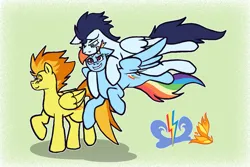 Size: 1235x823 | Tagged: safe, artist:pyeeye_guys, derpibooru import, rainbow dash, soarin', spitfire, pegasus, pony, g4, bisexual, female, flying, image, lesbian, male, mare, png, polyamory, ship:soarindashfire, ship:soarinfire, ship:spitdash, shipping, soarin' gets all the mares, soarindash, stallion, straight, trio