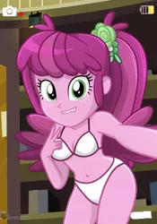 Size: 640x912 | Tagged: safe, ai content, ai generated, artist:charliexe, banned from derpibooru, cheerilee, equestria girls, g4, alternate hairstyle, belly button, bikini, book, breasts, busty cheerilee, camera shot, cheeribetes, clothes, cute, female, grin, hair ornament, hairpin, image, lamp, library, lip bite, looking at you, peace sign, png, rec, smiling, smiling at you, solo, swimsuit, swimsuit edit, white bikini, white swimsuit