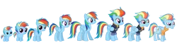 Size: 1475x360 | Tagged: safe, artist:dazzle, derpibooru import, rainbow dash, pegasus, pony, g4, age progression, baby, baby pony, clothes, elderly, female, filly, filly rainbow dash, foal, image, jacket, mare, multicolored hair, older, older rainbow dash, png, rainbow hair, sequence, simple background, sweater, teenager, transparent background, wings, younger