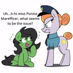 Size: 1000x1000 | Tagged: safe, artist:unitxxvii, derpibooru import, copper top, oc, oc:anonfilly, earth pony, pony, g4, dialogue, duo, duo female, emanata, female, filly, foal, frown, furrowed brow, grin, image, jpeg, mare, nervous, nervous grin, plewds, police pony, simple background, smiling, white background