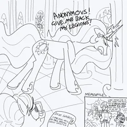 Size: 1000x1000 | Tagged: safe, artist:inkspill anon, derpibooru import, discord, princess celestia, raven, oc, oc:anon, alicorn, human, pony, unicorn, zebra, g4, armor, dialogue, eyes closed, female, frown, glasses, greek helmet, headbutt, helmet, image, laughing, male, map, mare, monochrome, png, racial slur, roman, royal guard, scroll, sketch, slur, stained glass, stallion, vulgar, wingless, zigger