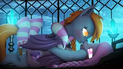 Size: 3840x2160 | Tagged: suggestive, artist:wintergleam, derpibooru import, oc, oc:autumnal blossom, oc:wintergleam, bat pony, pony, braid, clothes, crystal, drool, drool string, duo, eye contact, female, folded wings, hoof on cheek, image, implied kissing, incest, indoors, lesbian, looking at each other, looking at someone, lying down, mare, on back, on top, png, siblings, sisters, socks, striped socks, window, wings