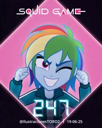 Size: 2362x2956 | Tagged: safe, artist:arturo_t1912, artist:ilustracionestoro2, derpibooru import, part of a set, rainbow dash, human, equestria girls, g4, bust, cocky, confident, grin, image, looking at you, looking up, looking up at you, magenta eyes, multicolored hair, one eye closed, passepartout, picture frame, png, rainbow hair, short hair, smiling, smiling at you, solo, squid game, wink, winking at you