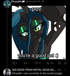 Size: 1174x1280 | Tagged: safe, derpibooru import, queen chrysalis, changeling, human, g4, big boss, fake screenshot, image, jpeg, meme, metal gear solid, metal gear solid 3, metal gear solid delta, mgs, pride, pride flag, transgender pride flag, xitter