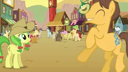 Size: 1280x720 | Tagged: safe, derpibooru import, screencap, apple cherry, apple fritter, bruce mane, caesar, caramel, count caesar, goldengrape, jonagold, marmalade jalapeno popette, sealed scroll, sir colton vines iii, star gazer, earth pony, pony, g4, season 4, twilight's kingdom, apple family member, appleloosa, image, my little pony, png, starburst (g4), sweet apple acres, wingless