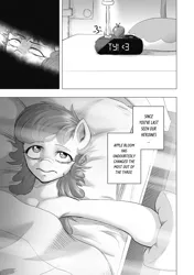 Size: 3024x4302 | Tagged: safe, artist:begoliah, derpibooru import, apple bloom, earth pony, pony, comic:crusaders, g4, alarm clock, awake, awakening, bed, bed hair, clock, comic, image, jpeg, monochrome, older, older apple bloom, punch, solo
