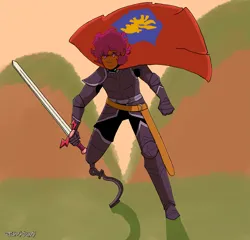 Size: 3131x3003 | Tagged: safe, artist:juny duny, derpibooru import, scootaloo, human, g4, amputee, armor, cape, clothes, cmc cape, elf ears, female, fighting stance, humanized, image, png, prosthetic limb, prosthetics, solo, sword, weapon