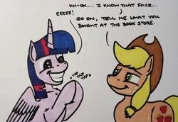 Size: 2048x1411 | Tagged: safe, artist:hoofclid, derpibooru import, applejack, twilight sparkle, twilight sparkle (alicorn), alicorn, earth pony, pony, g4, book, clapping, cute, duo, duo female, female, grin, image, jpeg, mare, marker drawing, smiling, that pony sure does love books, traditional art, twiabetes