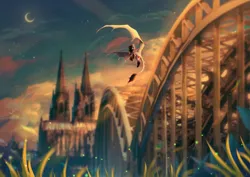 Size: 6615x4677 | Tagged: safe, artist:mian1205, derpibooru import, oc, unofficial characters only, dracony, dragon, hybrid, pony, bridge, cathedral, church, cologne, crescent moon, flying, germany, image, leonine tail, moon, outdoors, png, scenery, spread wings, tail, wings