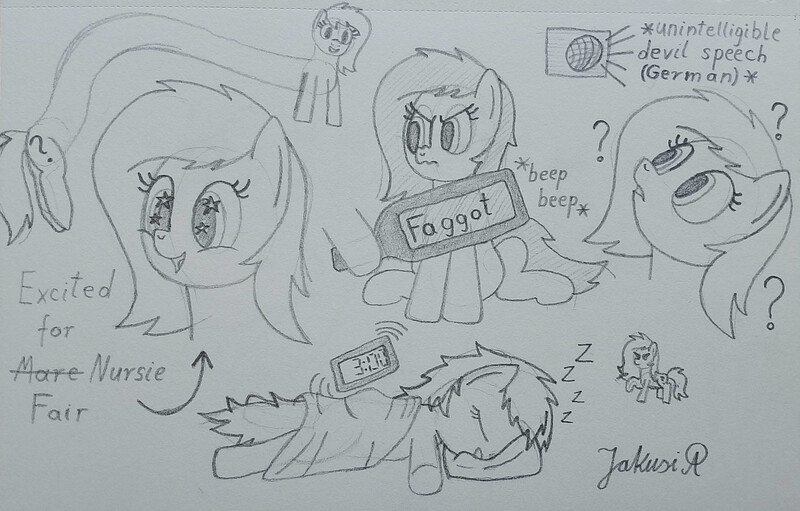 Size: 3050x1950 | Tagged: safe, artist:jakusi, derpibooru import, oc, oc:anonfilly, earth pony, pony, alarm clock, angry, blanket, bust, clock, confused, excited, female, filly, foal, grumpy, happy, image, jpeg, long pony, multeity, onomatopoeia, pillow, portrait, question mark, scrunchy face, signature, sitting, sketch, sleeping, small, snoring, solo, sound effects, speaker, starry eyes, traditional art, wingding eyes, zzz