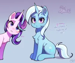Size: 2727x2296 | Tagged: safe, artist:kitindash, derpibooru import, starlight glimmer, trixie, twilight sparkle, pony, unicorn, g4, chest fluff, duo, ear fluff, eye clipping through hair, eyebrows, eyebrows visible through hair, female, gradient background, hock fluff, horn, image, judging, large butt, leaning, lesbian, looking at you, mare, noise, png, shipping, sitting, startrix, teeth, text, unamused