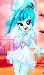 Size: 612x1038 | Tagged: safe, artist:charliexe, derpibooru import, part of a set, sonata dusk, human, equestria girls, g4, 2d, bangs, bare shoulders, breasts, busty sonata dusk, candle, cleavage, clothes, cross, dress, eyebrows, image, indoors, jpeg, looking at you, marriage, open mouth, open smile, ponytail, sleeveless, smiling, smiling at you, solo, wedding, wedding dress
