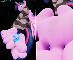 Size: 4660x3840 | Tagged: suggestive, artist:coceyx, derpibooru import, twilight sparkle, twilight sparkle (alicorn), alicorn, anthro, plantigrade anthro, g4, 3d, alicorn horn, alicorn wings, bangs, barefoot, blender, clothes, earth, feathered wings, feet, female, fetish, foot fetish, foot focus, galaxy, giantess, giga giant, horn, image, long sleeves, looking back, looking down, macro, nail polish, not sfm, outdoors, pants, png, soles, solo, stars, striped sweater, sweater, toenail polish, toenails, toes, wings