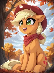 Size: 1048x1400 | Tagged: safe, ai generated, generator:yiffymix v62, prompter:lagerai, stable diffusion, applejack, earth pony, pony, g4, autumn, bandana, cloud, female, floppy ears, freckles, full body, happy, hat, image, leaf, looking at someone, open mouth, png, sitting, smiling, solo, tree
