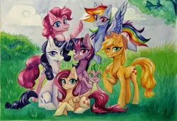 Size: 4050x2778 | Tagged: safe, artist:jsunlight, derpibooru import, applejack, fluttershy, pinkie pie, rainbow dash, rarity, spike, twilight sparkle, twilight sparkle (alicorn), alicorn, dragon, earth pony, pegasus, pony, unicorn, g4, bush, cloud, female, flying, folded wings, grass, grass field, group, high res, hoof on head, horn, image, jpeg, looking at you, lying down, male, mane seven, mane six, one eye closed, outdoors, prone, raised hand, raised hoof, rearing, sitting, sky, smiling, traditional art, tree, watercolor painting, waving, wings, wink