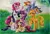 Size: 4050x2778 | Tagged: safe, artist:jsunlight, derpibooru import, applejack, fluttershy, pinkie pie, rainbow dash, rarity, spike, twilight sparkle, twilight sparkle (alicorn), alicorn, dragon, earth pony, pegasus, pony, unicorn, g4, bush, cloud, female, flying, folded wings, grass, grass field, group, high res, hoof on head, horn, image, jpeg, looking at you, lying down, male, mane seven, mane six, one eye closed, outdoors, prone, raised hand, raised hoof, rearing, sitting, sky, smiling, traditional art, tree, watercolor painting, waving, wings, wink