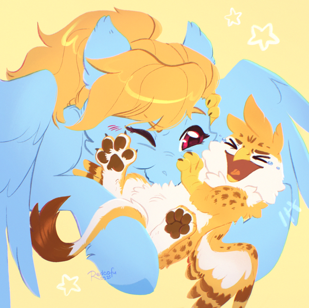 Size: 2140x2135 | Tagged: safe, artist:redcofu, derpibooru import, oc, oc:beaky, oc:brave blossom, unofficial characters only, gryphon, pegasus, pony, fanfic:yellow feathers, blowing, blushing, crying, cute, duo, duo male and female, female, griffon oc, high res, image, male, mother and child, mother and son, paw pads, paws, pegasus oc, png, simple background, step-child, step-parent, step-parent and step-child, stepmother, stepmother and stepson, stepson, tail, tears of joy, underpaw, wings, young