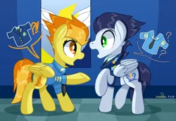 Size: 2550x1750 | Tagged: safe, artist:notadeliciouspotato, derpibooru import, soarin', spitfire, pegasus, pony, g4, bags under eyes, clothes, clothes swap, duo, duo male and female, exclamation point, female, folded wings, image, indoors, interrobang, male, mare, open mouth, png, poster, question mark, raised hoof, raised leg, signature, speech bubble, stallion, standing, surprised, underhoof, uniform, wings, wonderbolts dress uniform