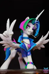 Size: 2731x4096 | Tagged: safe, artist:shuxer59, derpibooru import, princess celestia, alicorn, pony, g4, alternate hairstyle, bracelet, choker, clay figure, ear piercing, eyeshadow, feathered wings, female, figurine, image, jewelry, jpeg, makeup, mare, necklace, peace sign, piercing, short mane, short tail, smoking, solo, spread wings, tail, wings