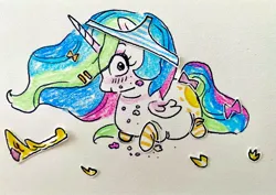 Size: 2048x1454 | Tagged: safe, artist:bananameowffins, derpibooru import, princess celestia, alicorn, pony, g4, blushing, bow, cake, cakelestia, chubbylestia, clothes, crumbs, fat, female, food, hoof shoes, image, jewelry, jpeg, mare, regalia, socks, solo, striped socks, tail, tail bow, underwear