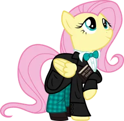 Size: 904x884 | Tagged: safe, artist:cloudy glow, derpibooru import, fluttershy, pegasus, g4, black coat, book, bowtie, clothes, crossover, diary, doctor who, image, pants, pink hair, pink mane, png, second doctor, shoes, simple background, smiling, transparent background, yellow coat