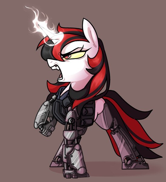 Size: 1170x1280 | Tagged: safe, artist:missyfurr, derpibooru import, oc, oc:blackjack, unofficial characters only, cyborg, pony, unicorn, fallout equestria, fallout equestria: project horizons, amputee, angry, armor, fanfic art, female, horn, image, jpeg, large horn, magic, mare, prosthetics, quadruple amputee, solo, yellow sclera