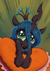 Size: 2100x3000 | Tagged: safe, artist:kp-shadowsquirrel, queen chrysalis, changeling, changeling queen, nymph, :3, cushion, cute, cutealis, deviantart link, female, filly queen chrysalis, image, jpeg, pillow, signature, smiling, solo, younger
