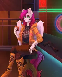 Size: 2500x3100 | Tagged: safe, artist:tentaon, derpibooru import, oc, oc:ellie berryheart, unofficial characters only, anthro, pegasus, alcohol, armor, bar, bar stool, boots, clothes, cyberpunk, drink, female, future, green eyes, gun, handgun, ice, image, implants, jacket, ladder, mercenary, neon, pegasus oc, pistol, png, pupils, samurai, shoes, solo, standing, tail, vizer, weapon, whiskey, white wings, wings, yellow