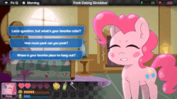 Size: 1920x1080 | Tagged: safe, artist:omegaozone, derpibooru import, pinkie pie, earth pony, pony, g4, 2017, animated, chest fluff, female, frame by frame, huniepop, image, kyu sugardust, mare, old video, ponk, ponk dating simulator, smiling, solo, sound, swearing, talking to viewer, video, visual novel, vulgar, webm