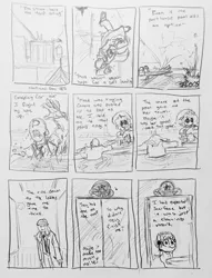 Size: 2296x3013 | Tagged: safe, artist:pony quarantine, derpibooru import, oc, oc:anon, unofficial characters only, earth pony, human, pegasus, pony, series:pq funnies, comic, comic strip, detective, elevator, falling, female, grayscale, human male, image, jpeg, lifeguard, male, mare, monochrome, narration, pencil drawing, scarface, sunglasses, swimming pool, towel, towel on head, traditional art, wet