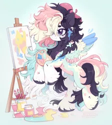 Size: 2352x2628 | Tagged: safe, artist:wizzie, derpibooru import, oc, unofficial characters only, pegasus, pony, brushes, colored wings, easel, female, hoof hold, image, paint, palette, png, solo, standing, standing on one leg, unshorn fetlocks, wings