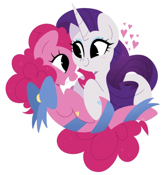 Size: 1966x2048 | Tagged: safe, artist:vivian reed, derpibooru import, pinkie pie, rarity, earth pony, pony, unicorn, g4, bow, duo, duo female, female, floating heart, grin, heart, horn, image, jpeg, lesbian, looking at each other, looking at someone, mare, ribbon, ship:raripie, shipping, simple background, smiling, smiling at each other, white background