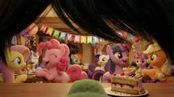 Size: 2752x1536 | Tagged: safe, ai generated, generator:nanobanana, prompter:metavoid, applejack, fluttershy, pinkie pie, rainbow dash, rarity, twilight sparkle, twilight sparkle (alicorn), oc, oc:anonfilly, alicorn, earth pony, pegasus, pony, g4, 3d, balloon, banner, birthday party, cake, female, first person view, food, group, image, jpeg, mare, nonet, offscreen character, party, plate, pov, pov nose, random pony, realistic, table