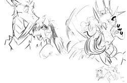 Size: 2000x1318 | Tagged: suggestive, artist:testostepone, derpibooru import, oc, oc:helemaranth, oc:t'zzet, unofficial characters only, changeling, pegasus, pony, 3 panel comic, :3, ahegao, biting, changeling king, changeling oc, comic, cyrillic, duo, eyes closed, fangs, flailing, flower, flower in hair, giggling, horns, image, jpeg, leaves, leaves in hair, leaves in mane, looking at someone, male, neck biting, open mouth, pegasus oc, sharp teeth, shrunken pupils, simple background, sketch, slit pupils, spitting, spread wings, surprised, teeth, tongue out, uwu, white background, wide eyes, wings