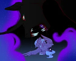 Size: 1280x1024 | Tagged: semi-grimdark, artist:snowberry, derpibooru import, nightmare moon, princess luna, alicorn, pony, g4, abstract background, colored, colored sketch, cowering, creepy, crying, curved horn, duo, ethereal mane, fangs, female, floppy ears, hiding face, horn, image, mare, open mouth, png, scared, scrunchy face, sharp teeth, sketch, spread wings, teeth, wings, young luna