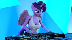 Size: 1920x1080 | Tagged: safe, alternate version, artist:rainium, derpibooru import, twilight sparkle, twilight sparkle (alicorn), alicorn, anthro, g4, 3d, alternate character, alternate hairstyle, bare midriff, belly, belly button, breasts, cleavage, clothes, disc jockey, female, glowstick, image, nightclub, pants, performance, png, punklight sparkle, solo, source filmmaker, stage, tanktop, turntable, yoga pants